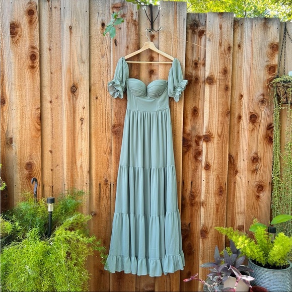 Sage Chiffon Bustier Off-the-Shoulder Ruffle Maxi Dress 🌿 - Picture 7 of 12